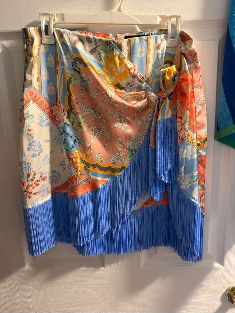 Boho Floral Fringe Wrap Skirt - Blue & Multi